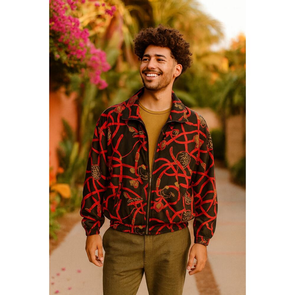 VINTAGE EVR Silk Bomber Jacket Red Gold Chain Print 80s Streetwear Men's M